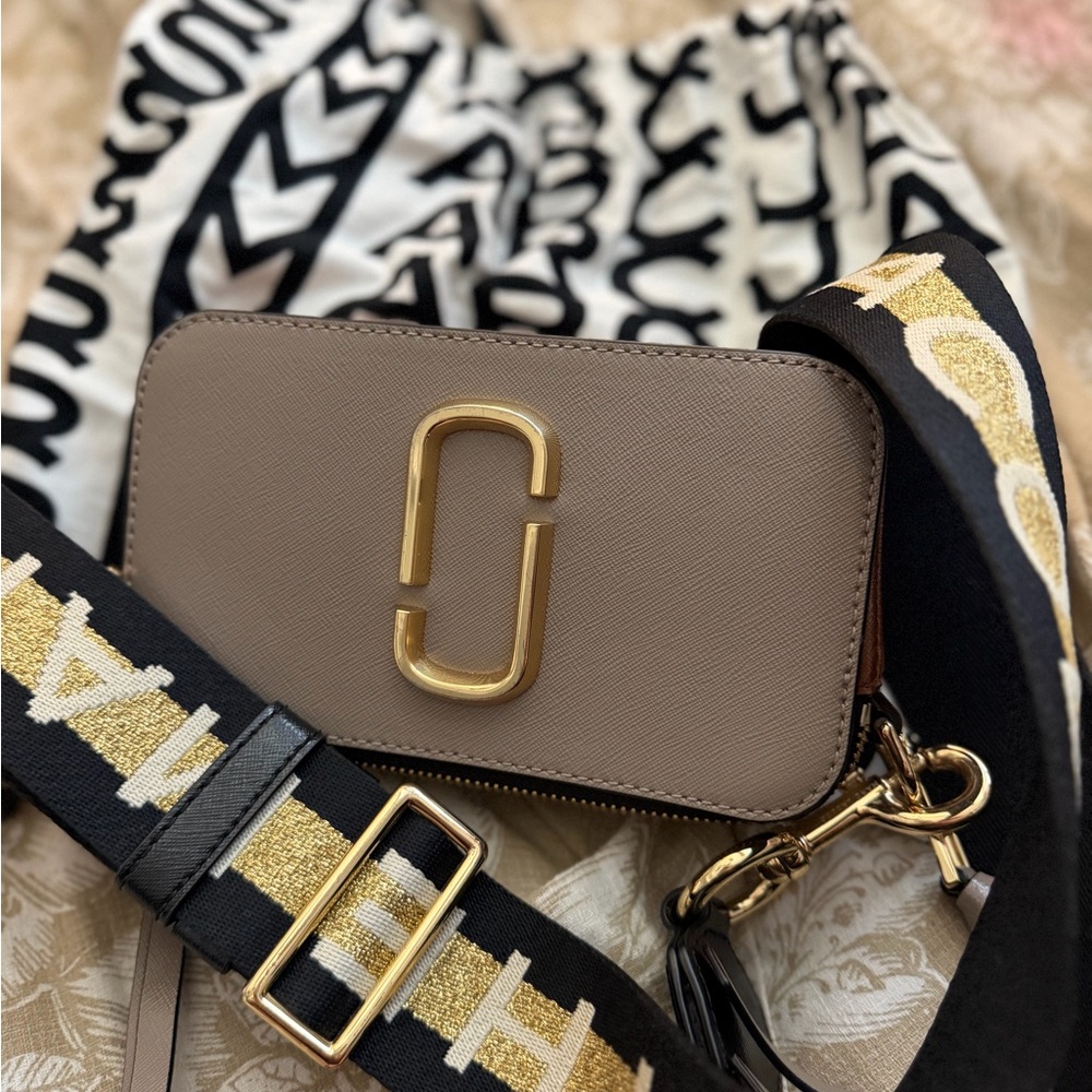 Marc Jacobs Taupe Saffiano Snapshot Crossbody with Gold Hardware and Black Strap
